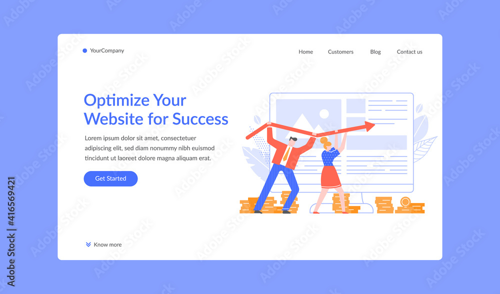 Oprtimize website for success landing page, seo. Vector web optimization in internet, rise marketing business online illustration Oprtimize website for success landing page, seo. Vector web optimization in internet, rise marketing business online illustration