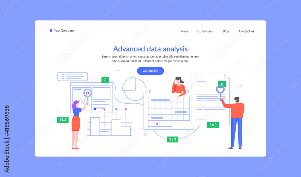 Advanced data analysis landing page, team research. Vector finance data analysis, chart research analyzing, illustration business web analytic Advanced data analysis landing page, team research. Vector finance data analysis, chart research analyzing, illustration business web analytic