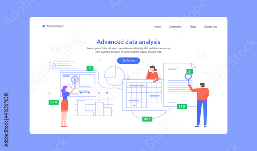 Advanced data analysis landing page, team research. Vector finance data analysis, chart research analyzing, illustration business web analytic