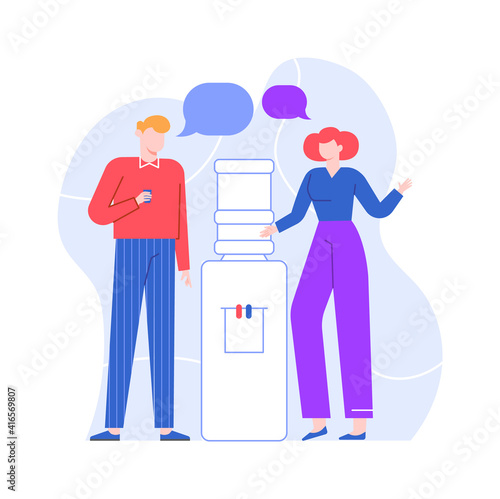People near water cooler specking and communicate. Vector conversation and speak, people dring coffee in office illustration