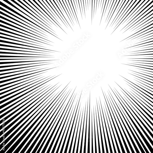 White black radial backdrop, art explosion sunburst, comic backdrop ray texture. Monochrome backdrop power striped circular pattern. Vector illustration