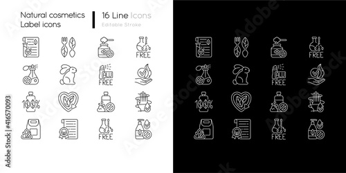 Natural cosmetic linear icons set for dark and light mode. Eco friendly beauty products. Skin care. Customizable thin line symbols. Isolated vector outline illustrations. Editable stroke