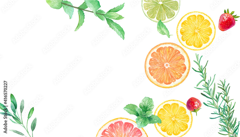フレッシュなフルーツとハーブの水彩イラスト オレンジ レモン グレープフルーツ ライム イチゴのバナーデザイン 水彩イラストのトレースベクター レイアウト調整可能 Stock Vektorgrafik Adobe Stock