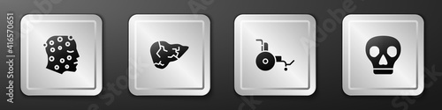 Set Psoriasis or eczema rash, Hepatitis virus, Wheelchair and Skull icon. Silver square button. Vector.