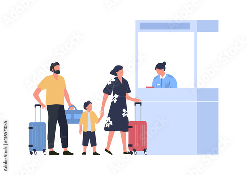 Family at passport control at airport, vacation concept. Vector airport control and registration, security to tourist illustration