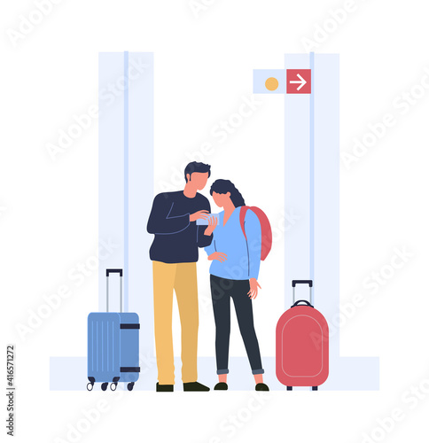 People find route to board in airport terminal. Vector people in airport, passenger find route direction illustration
