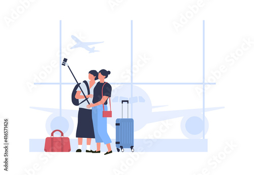 People take selfie in airport terminal hall. Vector airport travel, selfie people tourist, holiday and vacation traveler illustration