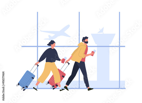Couple hurrying to boarding flight, run with tickets and luggage. Woman and man hurry to flight with luggage, tourist departure. Vector illustration