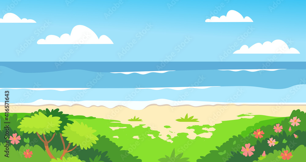 Summer background with copy space for text - landscape with exotic plants, leaves, sea, ocean - background for banner, greeting card, poster for travel blog or agency. Seaside view with blue sky.