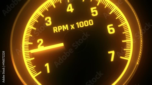 RPM gauge tachometer on car dashboard, car engine increasing turns, speeding. Driver shifting gears, dashboard
