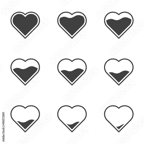 Set of 9 icons with filling hearts. A simple image of a heart gradually filling in its contents. Can be used in app loading design. Isolated vector on white background.