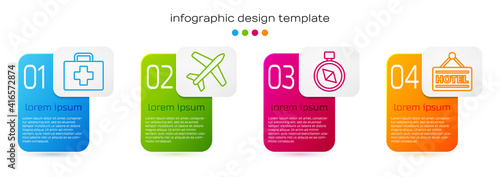 Set line First aid kit, Plane, Compass and Signboard with text Hotel. Business infographic template. Vector.