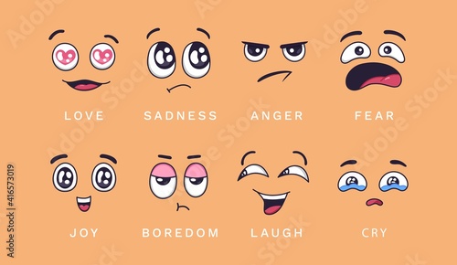 Cartoon emotions. Love, joy and anger, sadness and laughter, boredom and laughter, cry. Funny characters face vector isolated elements. Illustration anger and love, cry and sad, smile emoticon