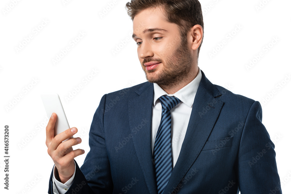 young positive businessman holding smartphone isolated on white young positive businessman holding smartphone isolated on white