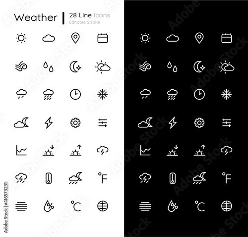 Weather linear icons set for dark and light mode. Sunny and cloudy. Warm, cold climate. Mobile UI. Customizable thin line symbols. Isolated vector outline illustrations. Editable stroke