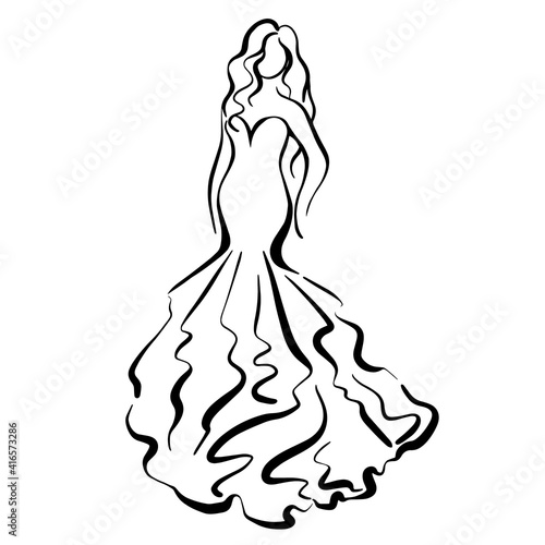 Girl in a wedding dress sketch. Hand drawn vector illustration isolated on a white background