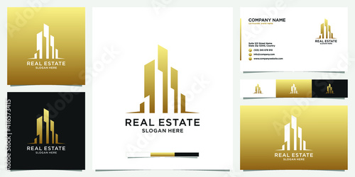 Gold building real estate logo with business card template