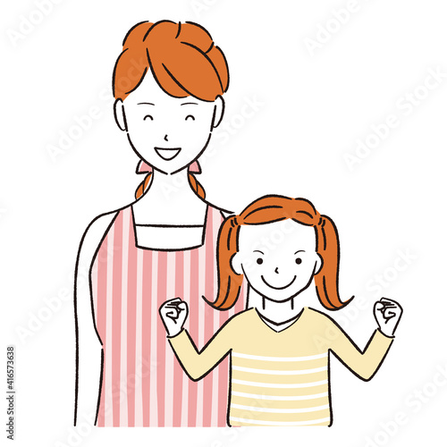 手書き線画カラーイラスト ママと子供 ツインテールの女の子ガッツポーズ Stock Vector Adobe Stock