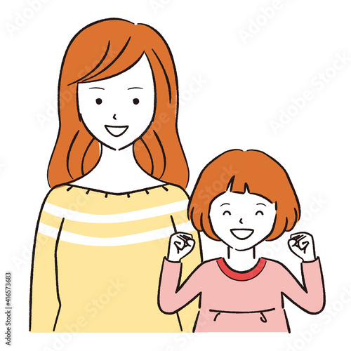 手書き線画カラーイラスト　ママと子供　おかっぱの女の子ガッツポーズ