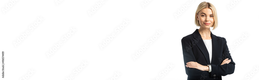 young blonde businesswoman with crossed arms smiling at camera isolated on white, banner young blonde businesswoman with crossed arms smiling at camera isolated on white, banner
