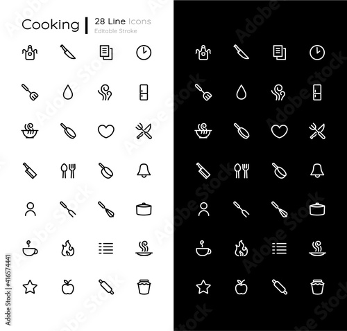 Cooking linear icons set for dark and light mode. Meal preparation. Dinner recipe. Mobile UI elements for app. Customizable thin line symbols. Isolated vector outline illustrations. Editable stroke