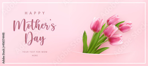 Happy mother's day cute lovely elegant pink tulip flower banner template