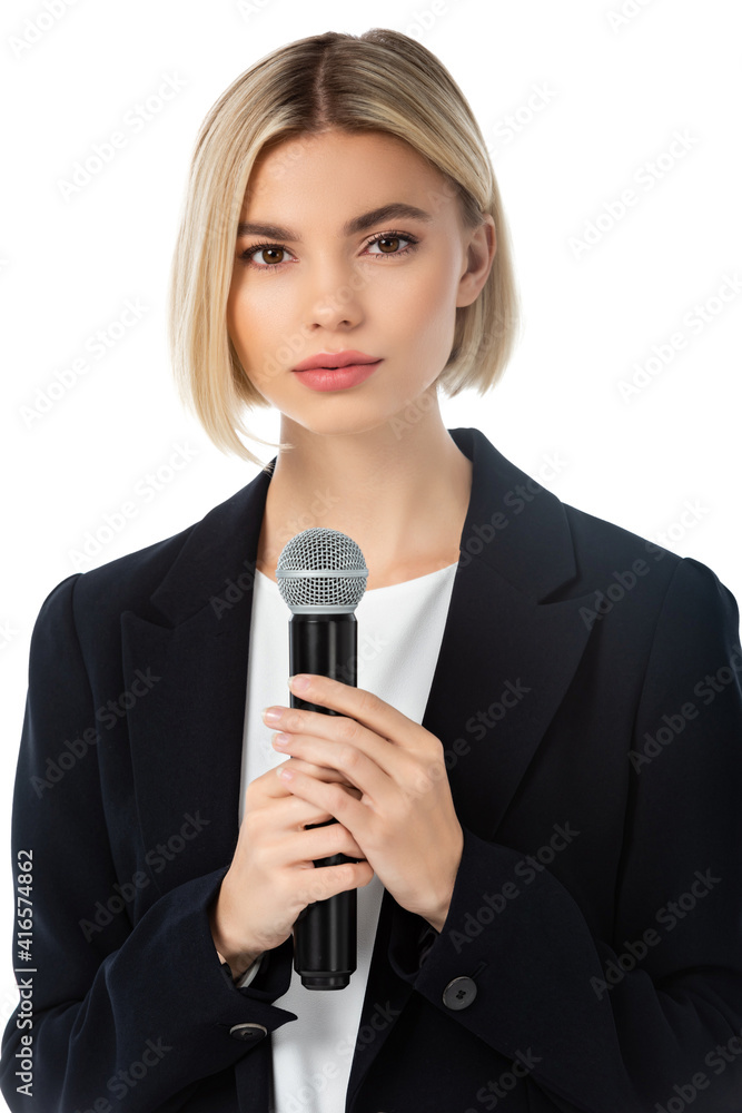 young blonde news anchor with microphone looking at camera isolated on white young blonde news anchor with microphone looking at camera isolated on white