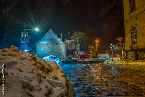 Photography Night Lviv old city architecture in the winter season