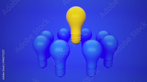 Set of turn off lights surrounding an illuminated bulb light lamp in 3d render mockup minimalist illustration flat style. Inspiration, ideas, creativity, brainstorming concepts