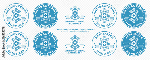 Concept for product packaging. Marking - antibacterial formula. Microorganism icon with medical cross and hands is an anibacterial formula symbol. Vector set.