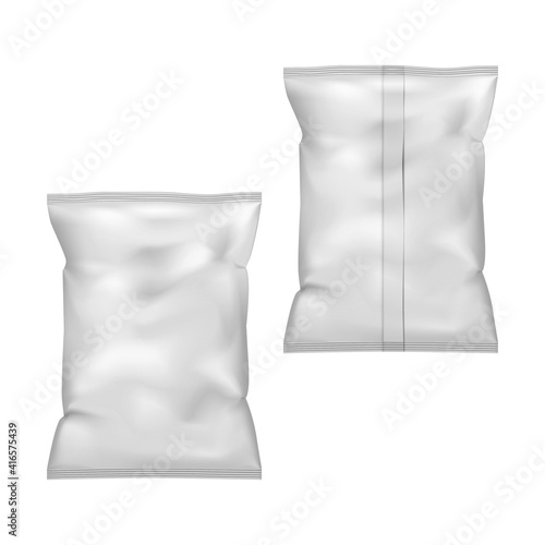 Blank food snack pillow bag - front and back, vector mock-up. Realistic crumpled plastic pouch pack isolated on white background, mockup. Template for design