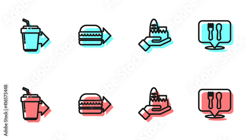Set line Online ordering and delivery, Coffee cup to go, burger and Cafe restaurant location icon. Vector.
