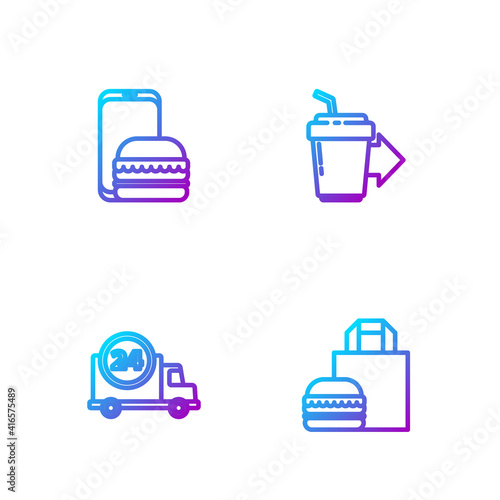 Set line Online ordering burger delivery, Fast by car, and and Coffee cup to go. Gradient color icons. Vector.