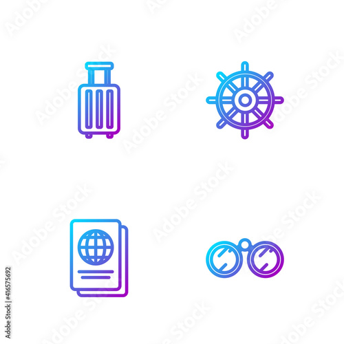 Set line Binoculars, Passport, Suitcase and Ship steering wheel. Gradient color icons. Vector.