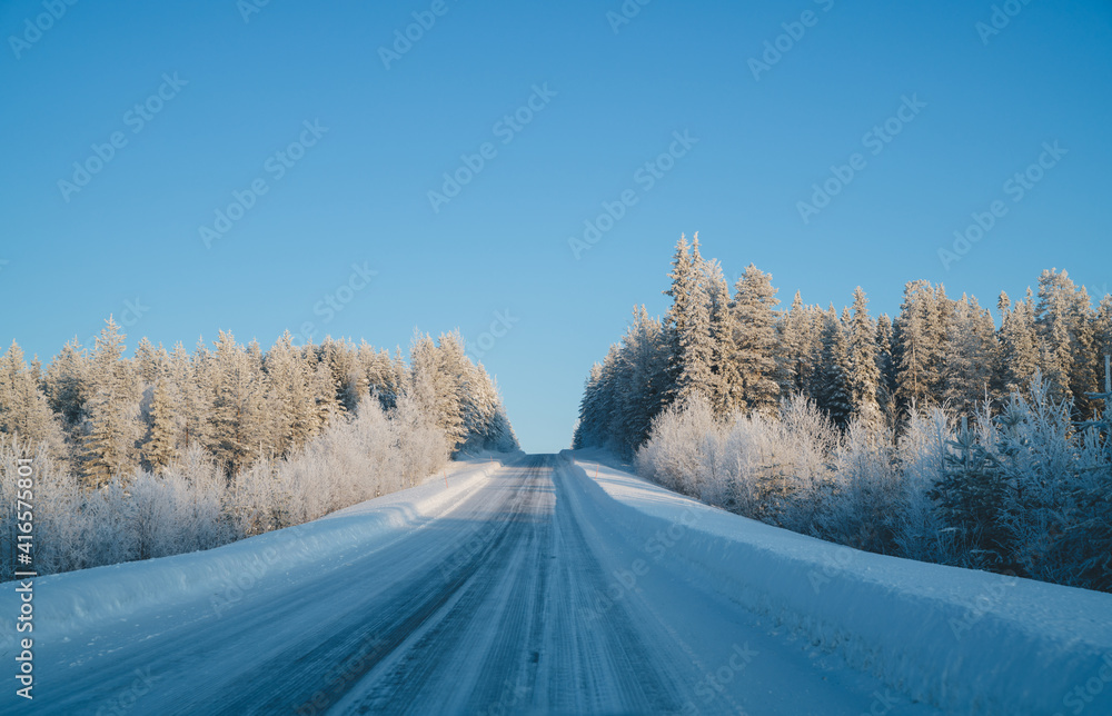 Road on snow near tall trees in national park environment with tall wood on sunny winter day, scenery of beautiful northern getaway destination. Road on snow near tall trees in national park environment with tall wood on sunny winter day, scenery of beautiful northern getaway destination.