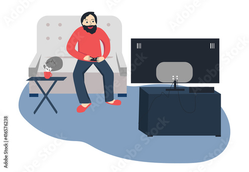 Yong man playing videogame sitting on sofa with cat. Vector illustration for advertisment, decoration, web-design, etc
