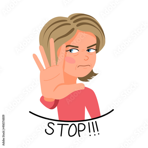 Vector illustration of a light-skinned girl with blonde hair who says stop. Emotion sticker in cartoon style.