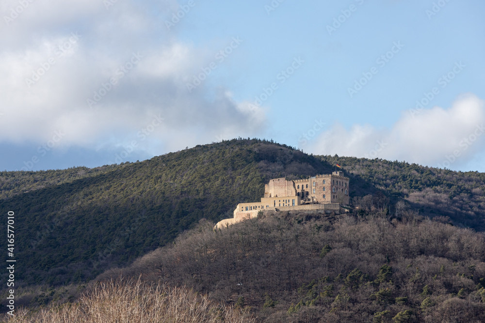 old Hambach Castle in winter from the front on a mountain with trees