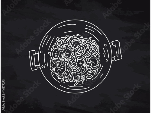 Illustration of a wok. Asian pans. Concept illustration for a restaurant. Logo for cafe, menu. Chalk on a black chalkboard.
