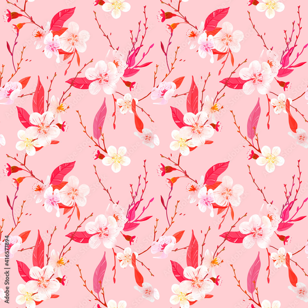 Spring seamless pattern of cherry blossom. Suitable for cards and wrapping paper for International Women's Day. 