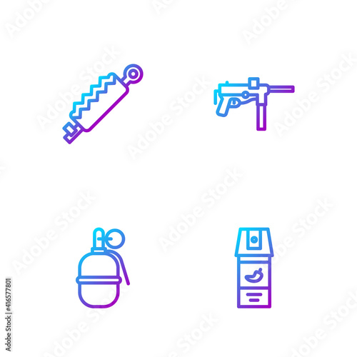 Set line Pepper spray, Hand grenade, Trap hunting and Submachine gun M3. Gradient color icons. Vector.