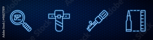 Set line Anti-tank hand grenade, Pistol or gun search, Knife holster and Bullet. Glowing neon icon on brick wall. Vector.
