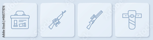 Set line Military ammunition box, Hunting gun, M16A1 rifle and Knife holster. White square button. Vector.