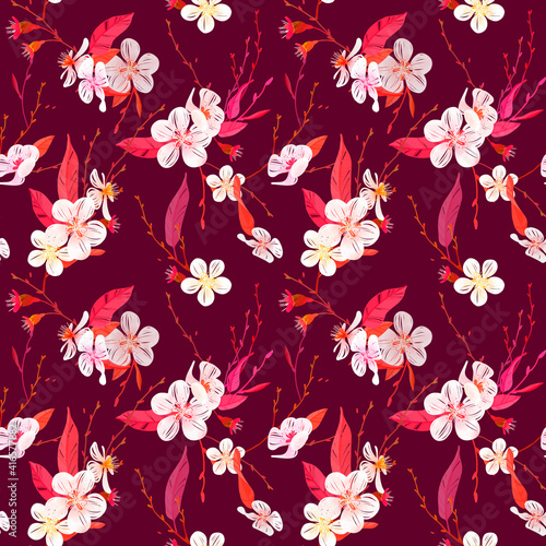 Spring seamless pattern of cherry blossom. Suitable for cards and wrapping paper for International Women's Day. 