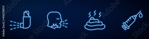 Set line Shit, Inhaler, Man coughing and Syringe. Glowing neon icon on brick wall. Vector.