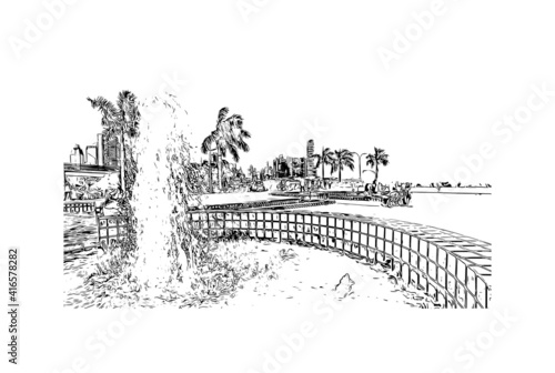 Building view with landmark of Panama City is the
city in Florida. Hand drawn sketch illustration in vector.