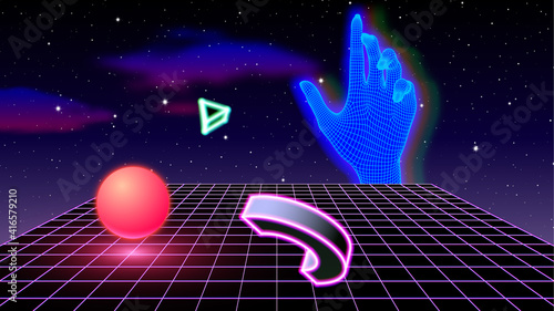 Vaporwave or synthwave abstract concept with glitchy glowing hand, neon shapes and grid floor. 80s or 90s styled surreal abstraction with vibrant neon colors and retro computer style