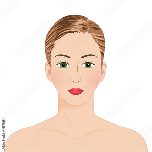 Woman face front view. Close up portrait of young attractive girl on white background. Short brown hair cut or bun hairstyle, green eyes, naked shoulders. Beautiful make up, skincare, fashion model.