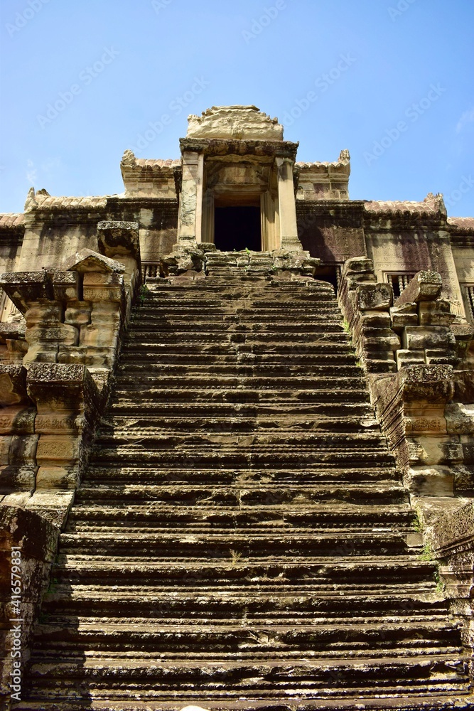 Old stone temple staircase in Angkor Wat
