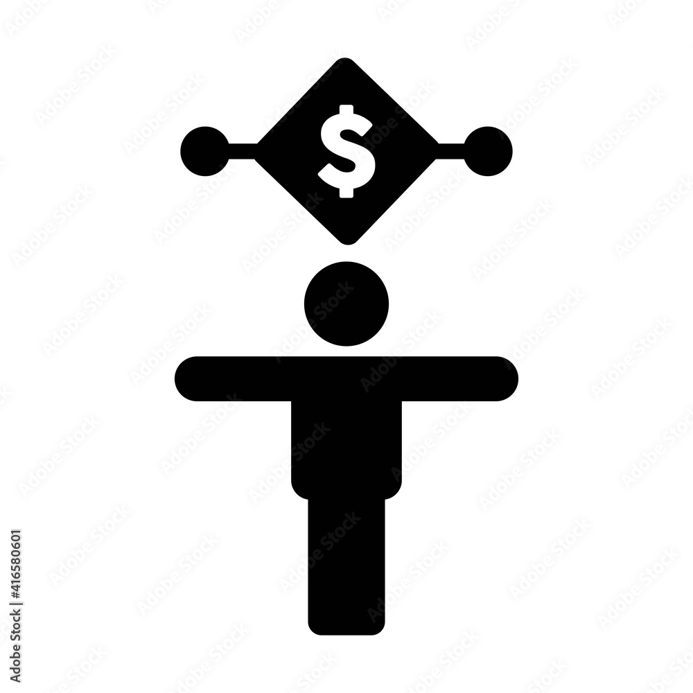 Digital dollar currency icon vector symbol with male person for transaction in a glyph pictogram illustration